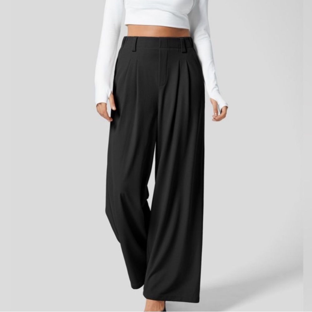 HALARA Black High Waisted Plicated Side Pockets Wide Leg Waffle Pant L‎
